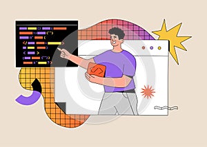 Programmer working on web development on computer screen. Software engineering and script coding concept